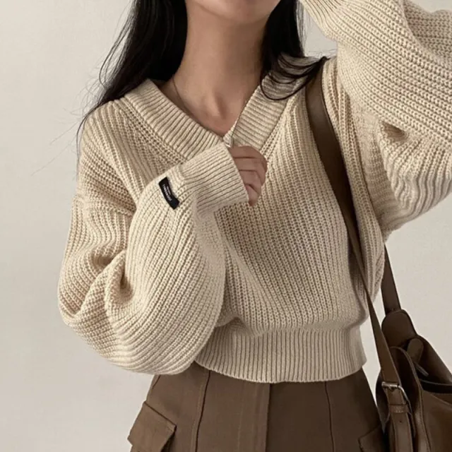 Letter Patch Loose Leisure All matching Long Sleeve Knitted Pullover Sweater Apricot - Shop at LoveMi