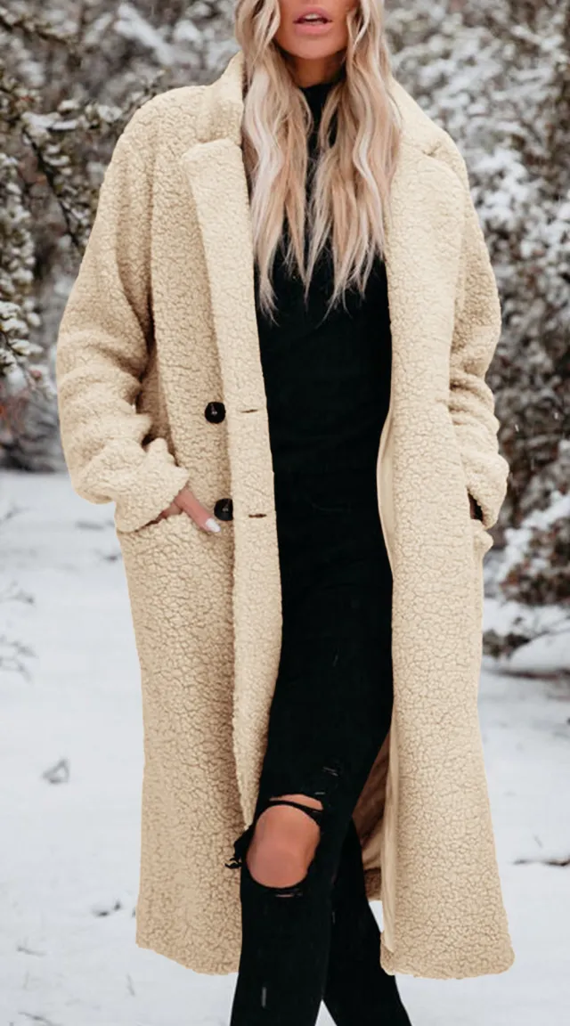 Women's Long sleeved Lapel Plush Top Beige - Shop at LoveMi