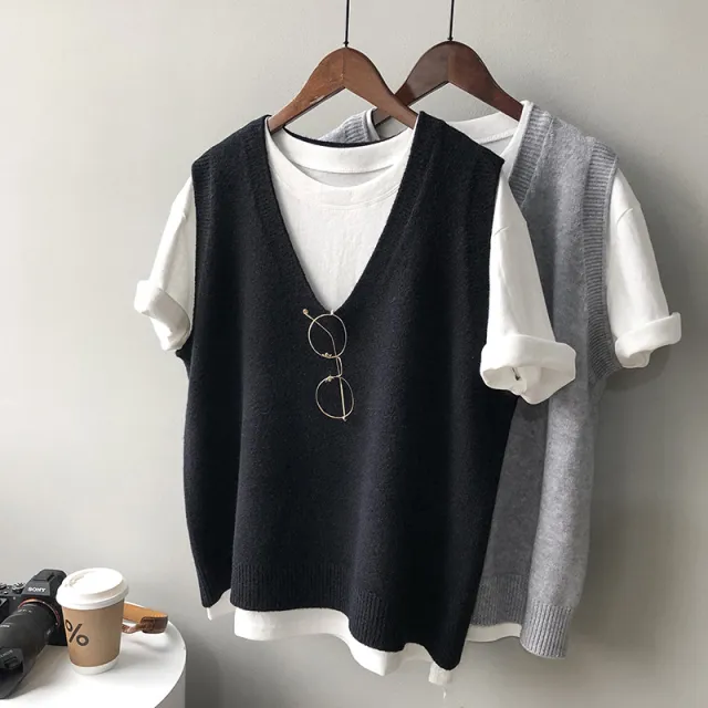 Preppy Style V neck Loose And Idle Sleeveless Waistcoat Black - Shop at LoveMi