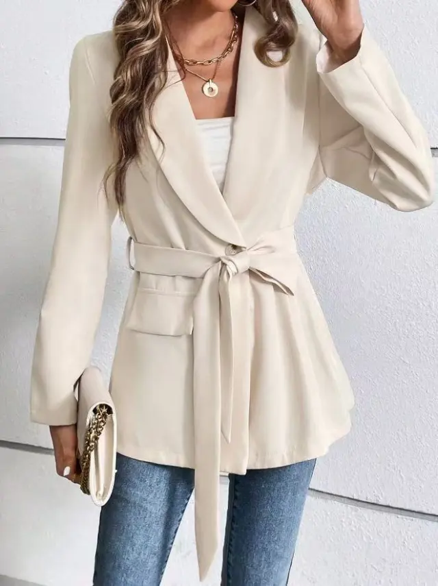 Slim Fit Fashion Lace up Solid Color Long Sleeve Suit Coat Apricot - Shop at LoveMi