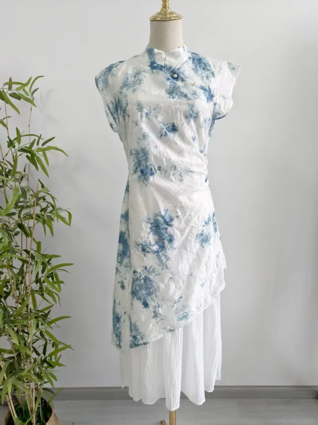 Womens New Chinese Style Embroidered Tie Dye Dress With A Stand Collar Tan - Shop at LoveMi