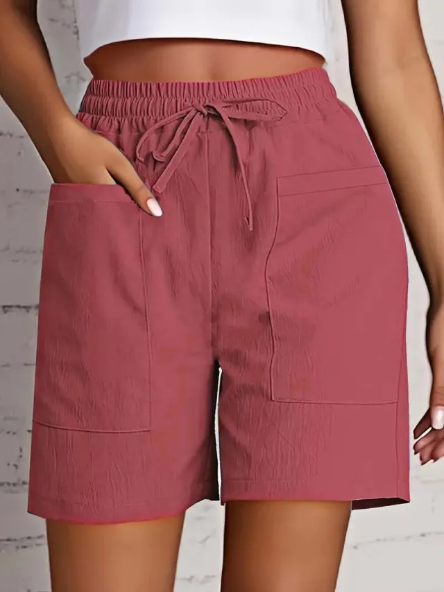 Women's Solid Color Pocket Loose High Waist Casual Fashion Cropped Shorts Rouge Color S - Shop at LoveMi