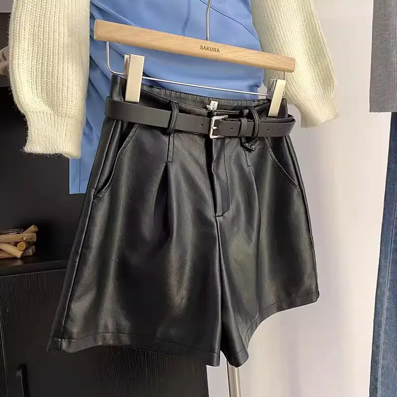 Black PU Leather Shorts A-line Wide-leg Pants