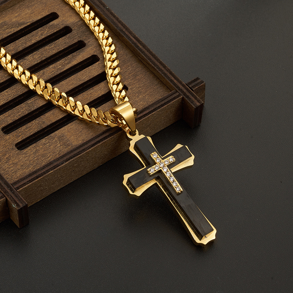 Titanium-steel And Stainless-steel Three-layer Cross Pendant With Rhinestones, Mens Necklace