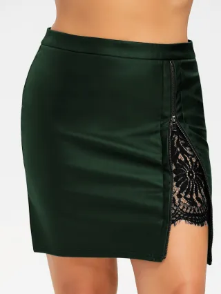 Lace Stitching Hip Half Waist Leather Skirt Women - Green