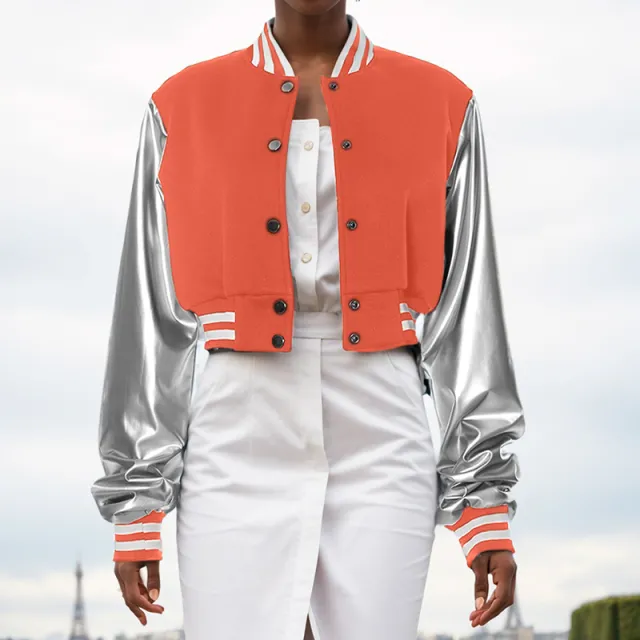 Solid Color Casual Button Long Sleeve PU Leather Baseball Uniform Orange - Shop at LoveMi