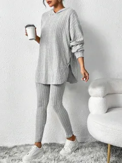 Autumn Solid Color Sunken Stripe Loose-fitting Hoodie Long Sleeve Suit - Gray - View 1