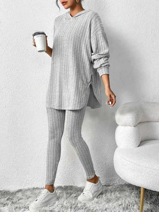 Autumn Solid Color Sunken Stripe Loose fitting Hoodie Long Sleeve Suit Gray - Shop at LoveMi