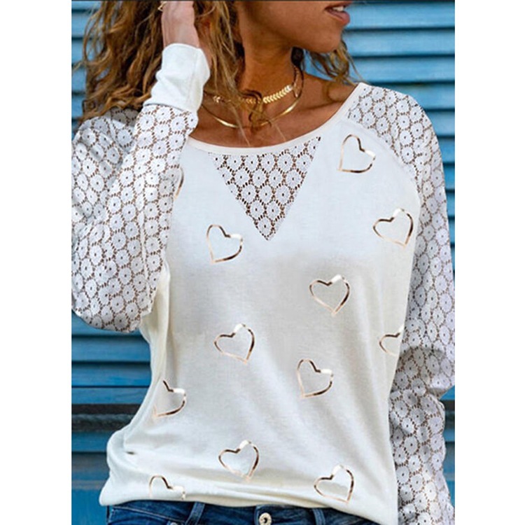 Title 2, Long Sleeve Love Print Round Neck Lace T-Shirt