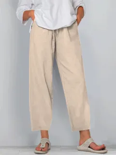 Elastic Waist Solid Color Cotton And Linen Wide Leg Casual Trousers - Khaki - View 1