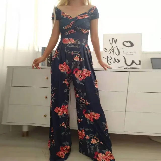 European And American Fashion Off shoulder Printed Temperament Commute Casual High Waist Jumpsuit Women Dark Blue Red Flower - Shop at LoveMi