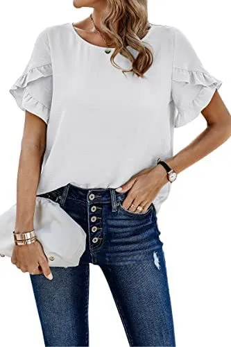 Casual Pleated Short Sleeves Summer Loose Shirt Solid Color Round Neck Shirt Waist Top White - Shop at LoveMi