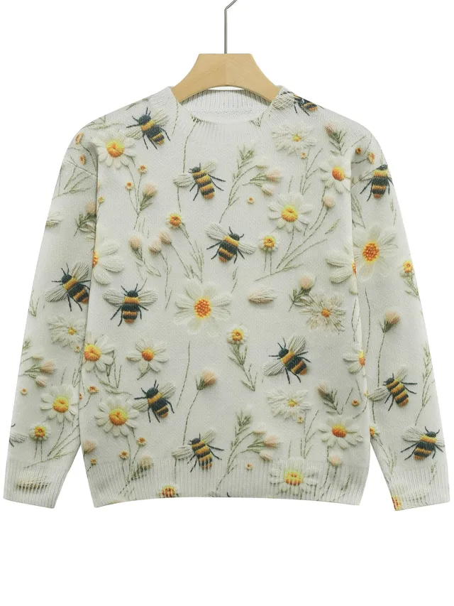 Women's Knitted Sweater Sweater Round Neck Printed Bee Flower Top Color - Shop at LoveMi