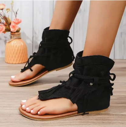 Retro Flat Bottom Tassel Hollow Toe Sandals - Black