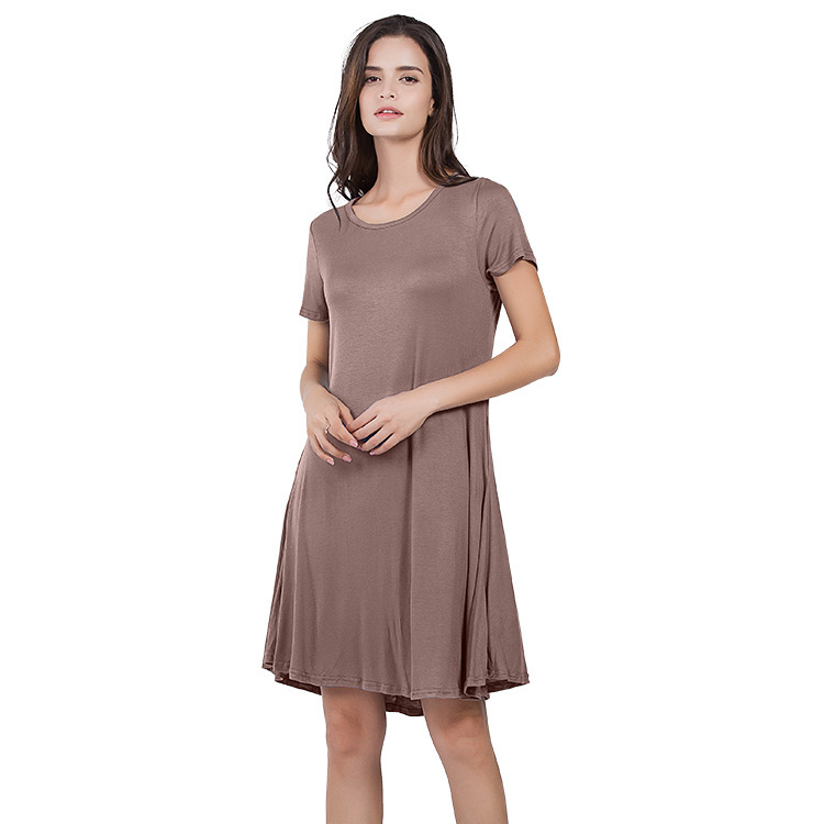 New Women's Round neck Solid color Casual Short sleeve Swing Dress With Pockets Khaki - Shop at LoveMi