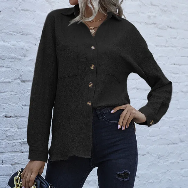 Long Sleeve Lapel Office Button Shirt Black - Shop at LoveMi