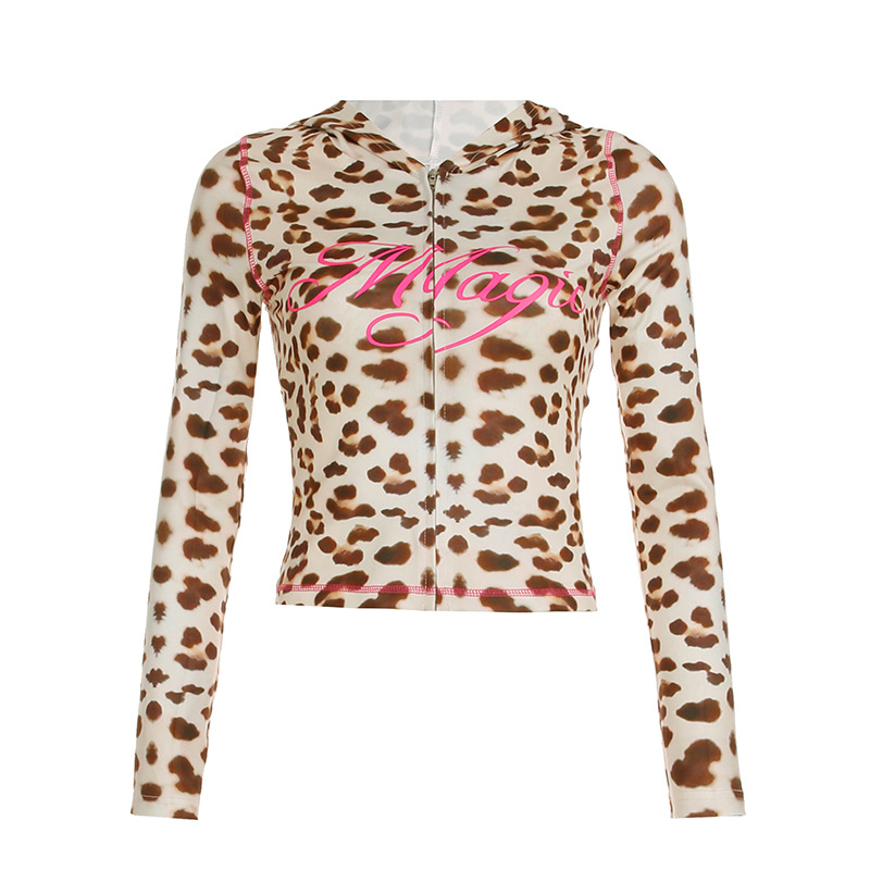 Letter Printing Reverse Car Contrast Color Hooded Zipper Short Sweater Trousers Casual Suit Women 23523 Leopard Print Top - Shop at LoveMi