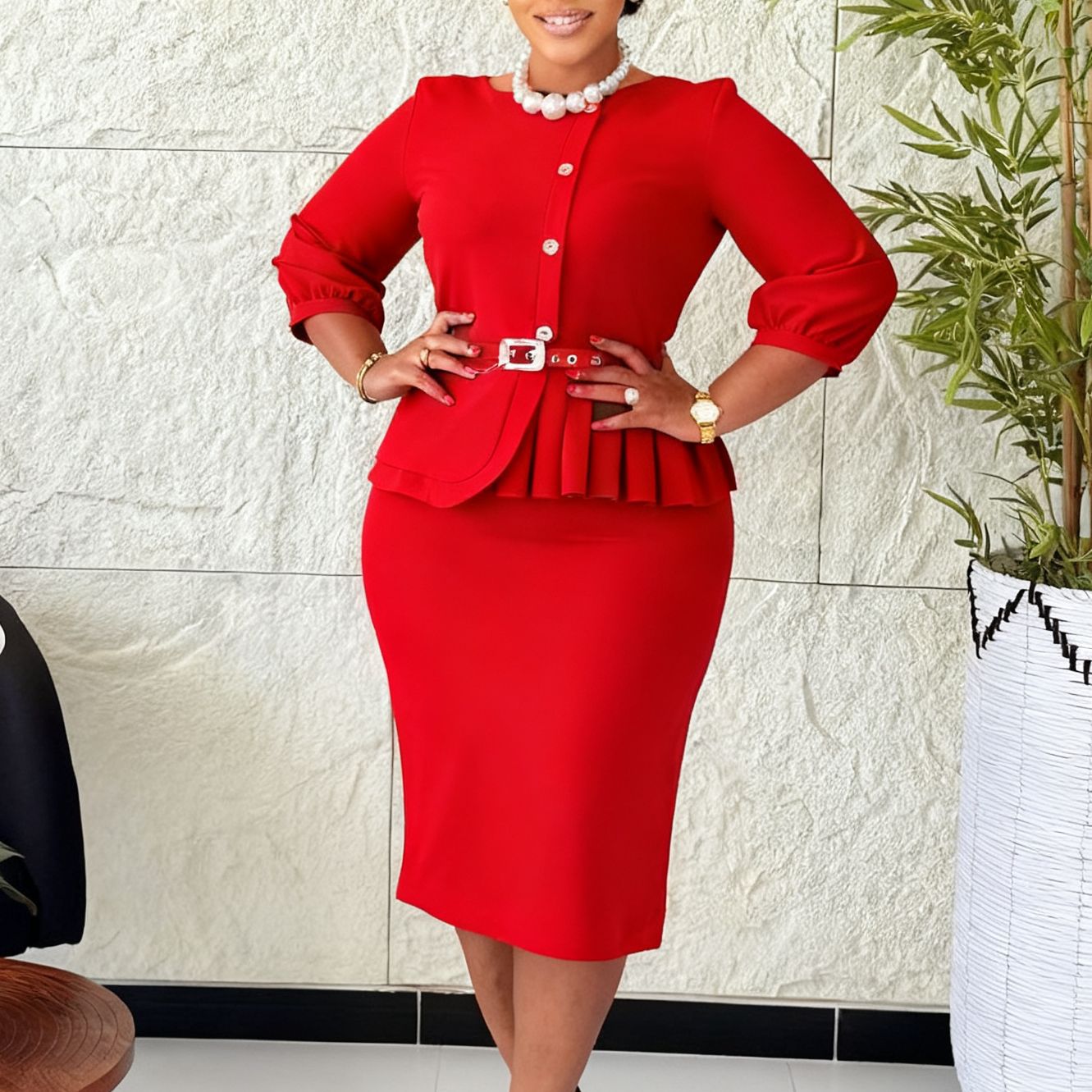 High-waisted Elegant Solid Color Sheath Dress - Image 4