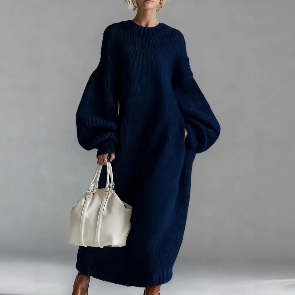 Crew-neck Loose-fit Lantern-sleeve Long Knit Sweater Dress - Blue