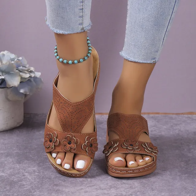 Vintage Casual All matching Flower Wedge Women's Shoes Beach Sandals Casual Brown - Shop at LoveMi