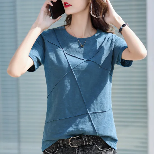 Loose Large Size Cotton Slub Cotton Short sleeved T shirt For Women Lake Blue - Shop at LoveMi