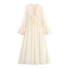 European And American Style French Fashion Design Elegant Patchwork Flared Sleeve Dress - Apricot - View 1