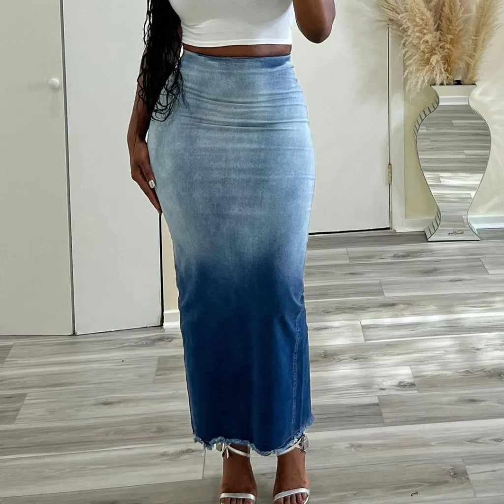 Women's Clothing Fashion Slit Tassel Denim Skirt - Blue
