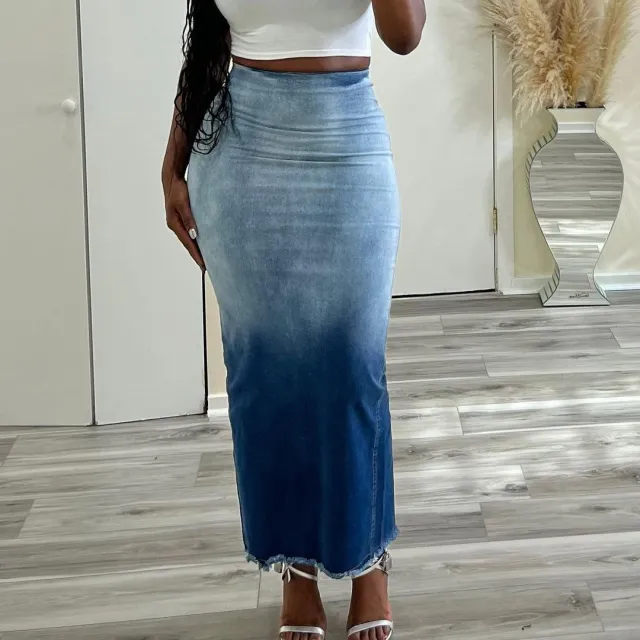 Women's Clothing Fashion Slit Tassel Denim Skirt Blue - Shop at LoveMi