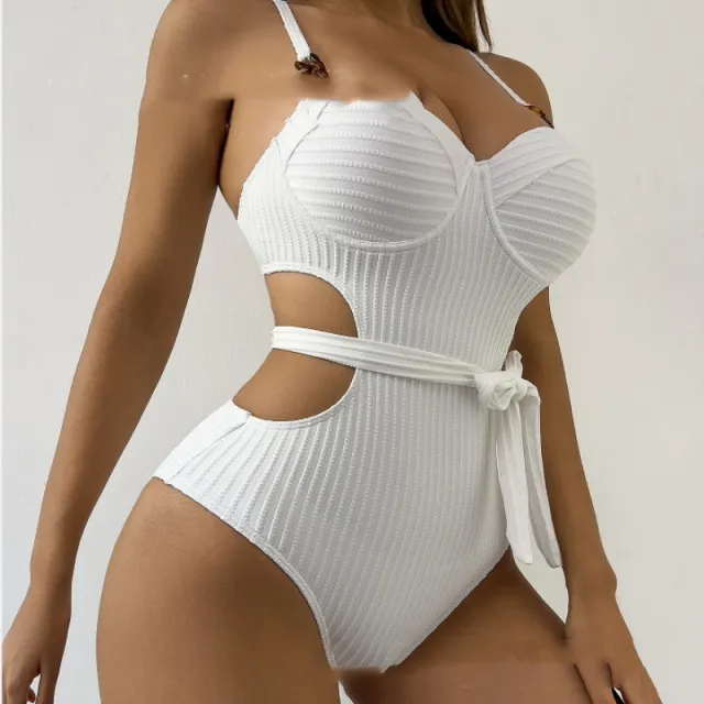 White Solid Color Wave Pattern Sling Style One piece Swimsuit White - Shop at LoveMi