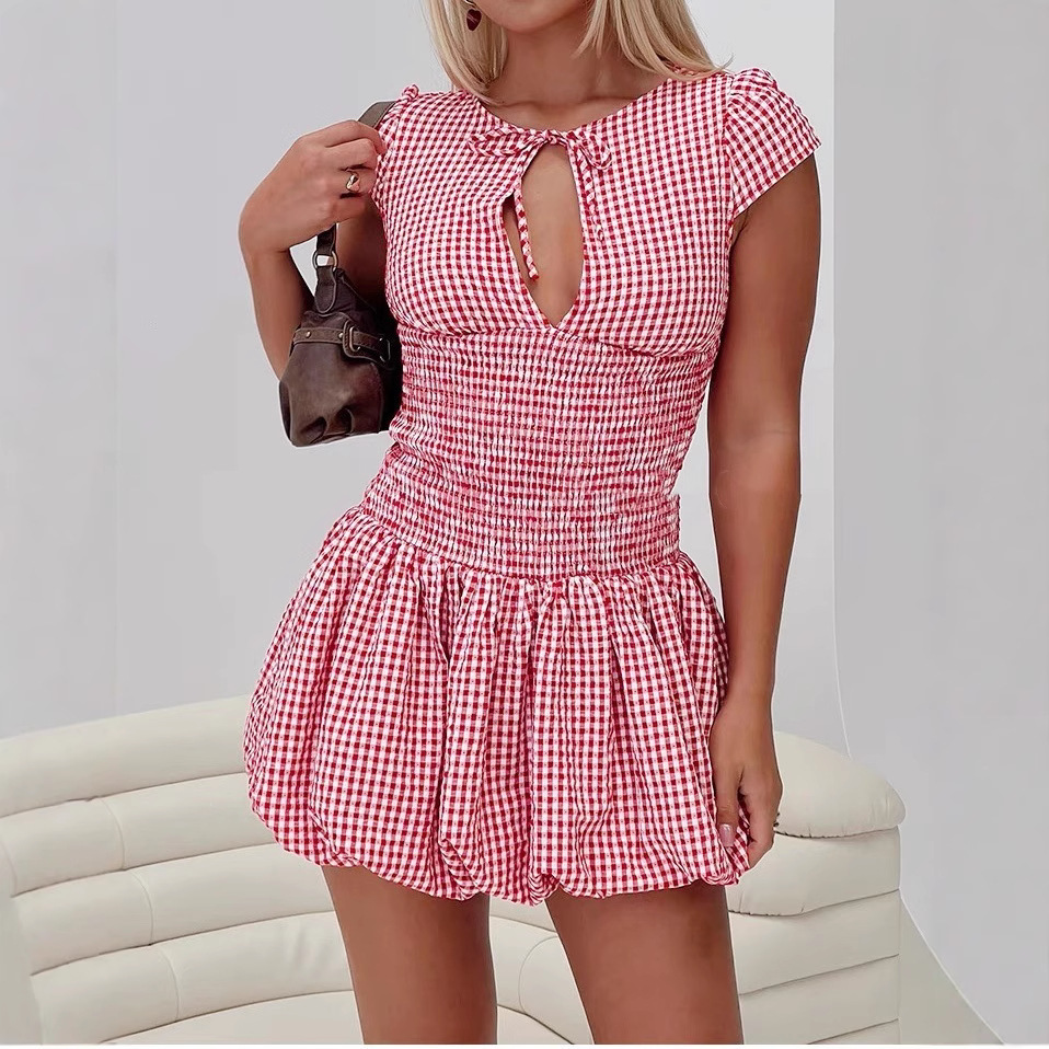 Red Pattern Hollow Out Short Sleeve Dress Women