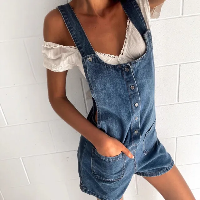 Adjustable Strap Wash Cowboy Siamese Shorts Dark Blue - Shop at LoveMi