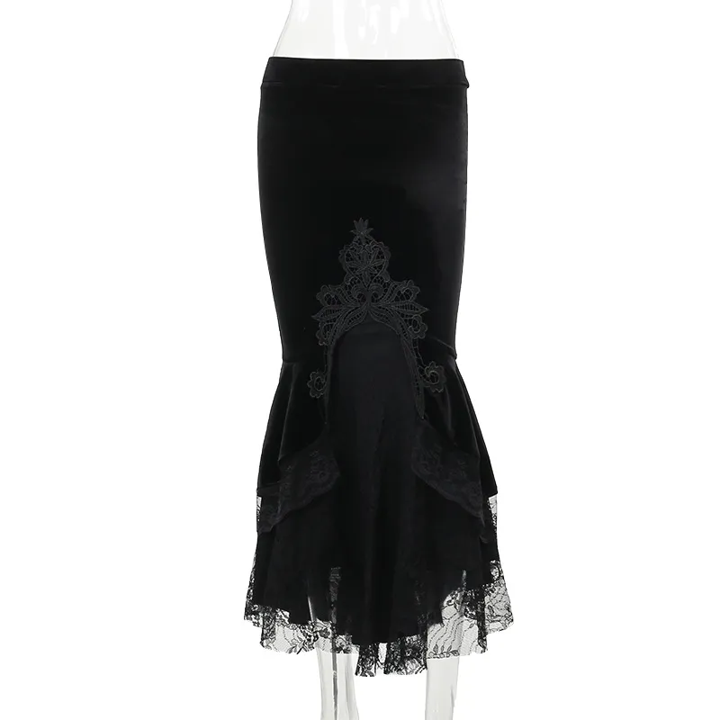 Elegant Slim-fit Embossed Ruffled Fishtail Skirt - Black