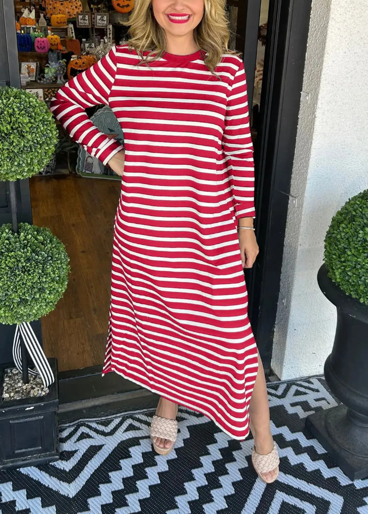 Women's Fashion Striped Slit Round Neck Dress Knitted And Emerized Dress
