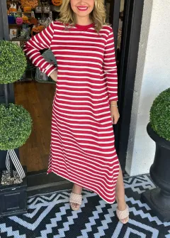 Women's Fashion Striped Slit Round Neck Dress Knitted And Emerized Dress - Red - View 1