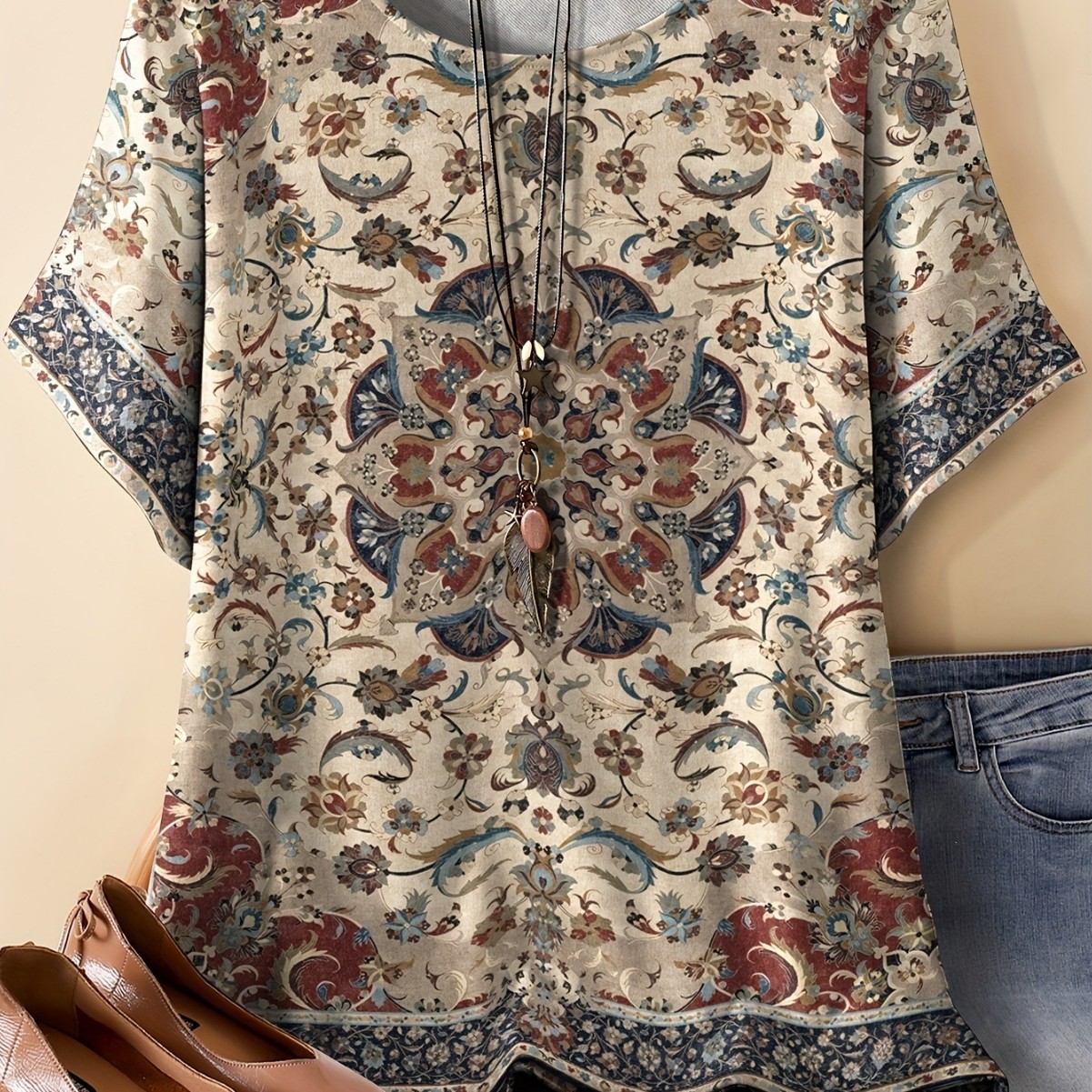 Womens Short-sleeved Crew-neck Casual Loose-fitting Top