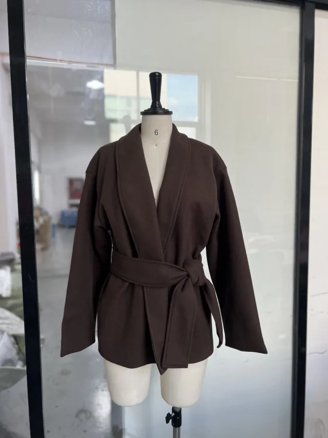 Temperament Wild Waist controlled Lace up Short Woolen Coat Dark Brown - Shop at LoveMi