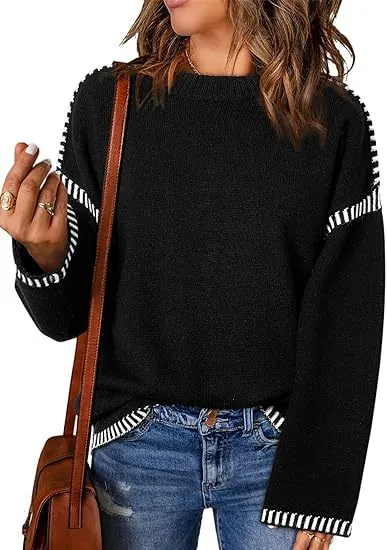 Women's Sweater Thread Patchwork Knitting Pullover Crew Neck Black - Shop at LoveMi