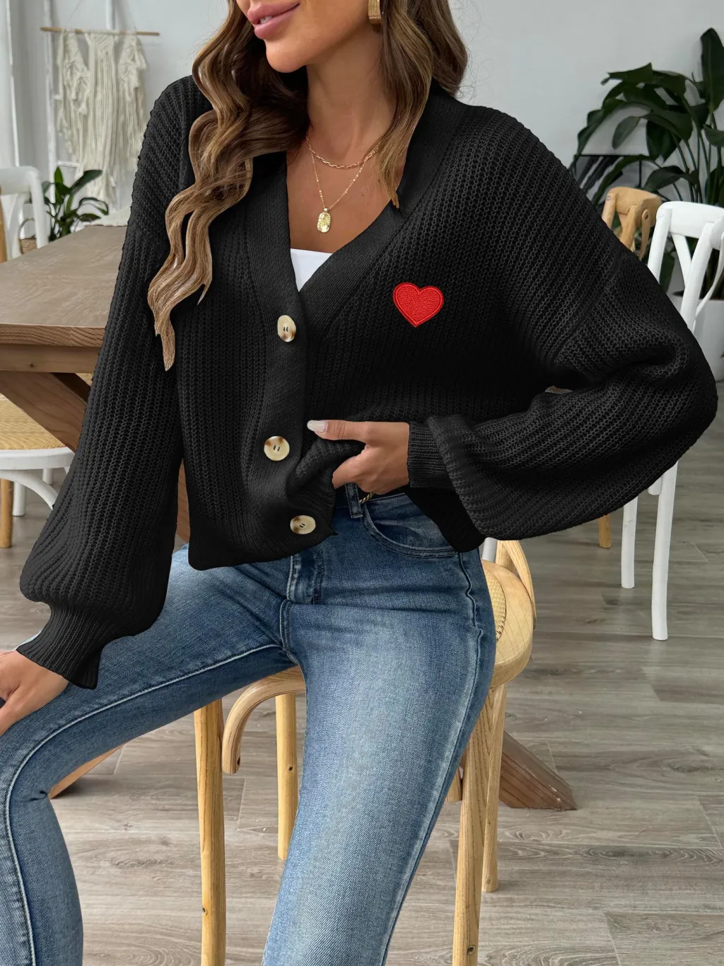 Women's Woven Love Stickers Short Button Coat - Black Heart