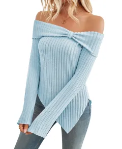 Women's Trendy Knit Ribbed Tops Bow Tie One Shoulder Long Sleeve Sweater Slim Cute Split Shirts Dressy Tops - Light Blue - View 1