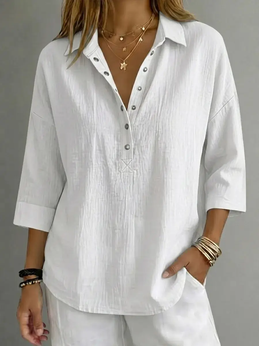 Womens Loose-fit Lapel Solid-color Shirt