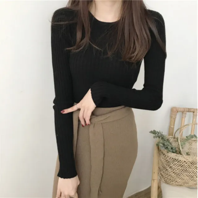 Women's Round Neck Cored Yarn Slimming Knitted Long Sleeve Slim Fit Skinny Warm Sweater Black - Shop at LoveMi