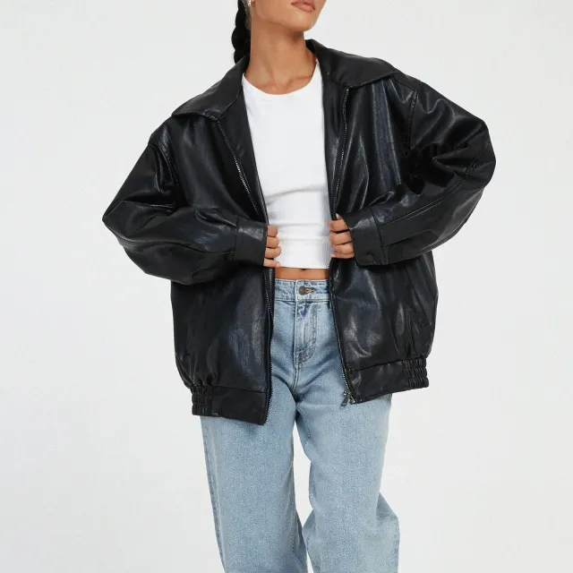Leather Coat Women's Locomotive Style Top Black - Shop at LoveMi