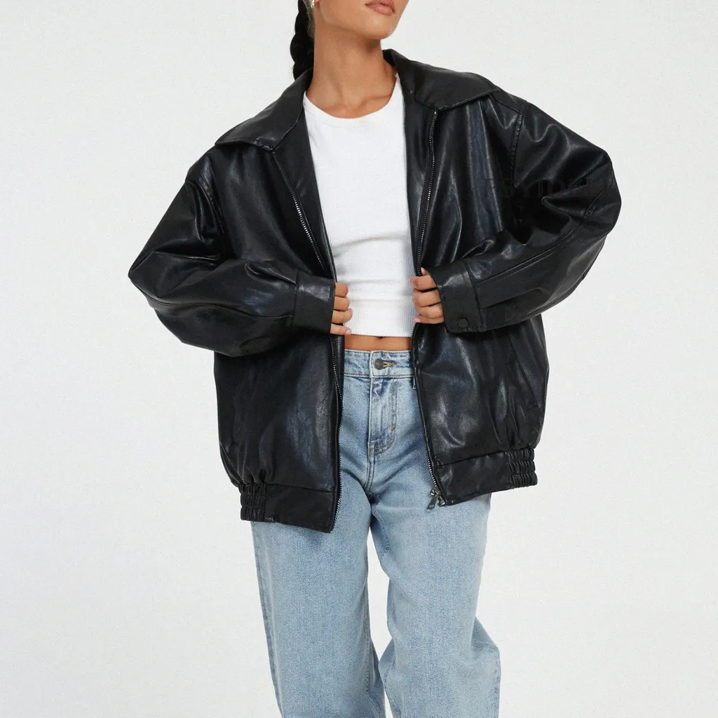 Leather Coat Women's Locomotive Style Top - Black