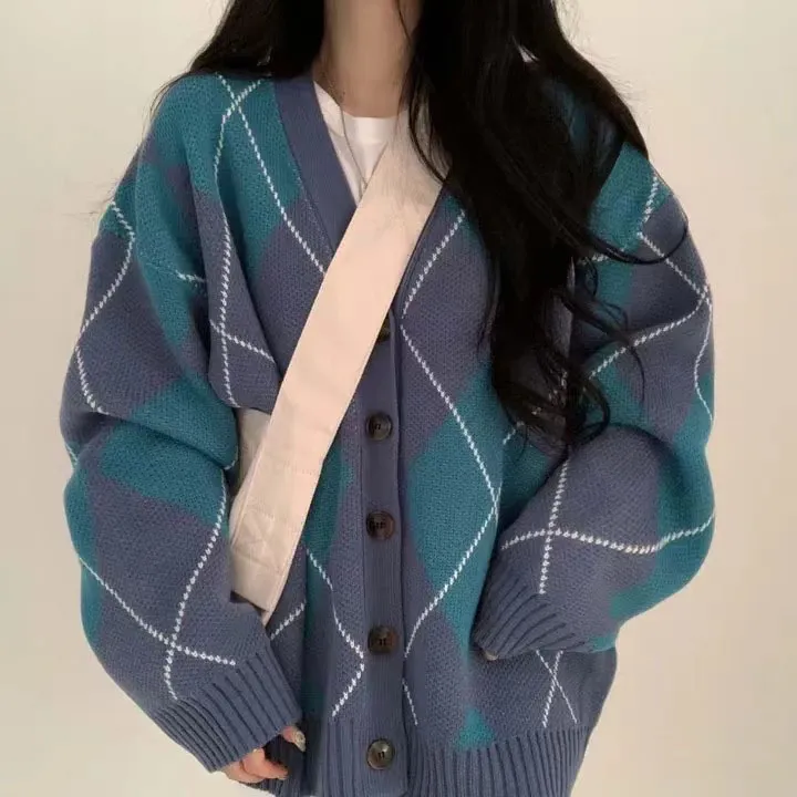 College Style Rhombus Contrast Color Loose V-neck Knitted Cardigan - Purple