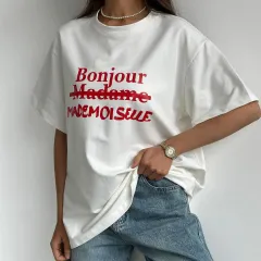 Women's Letter Print Contrast Colour Loose T-shirt Pullover - White - View 1