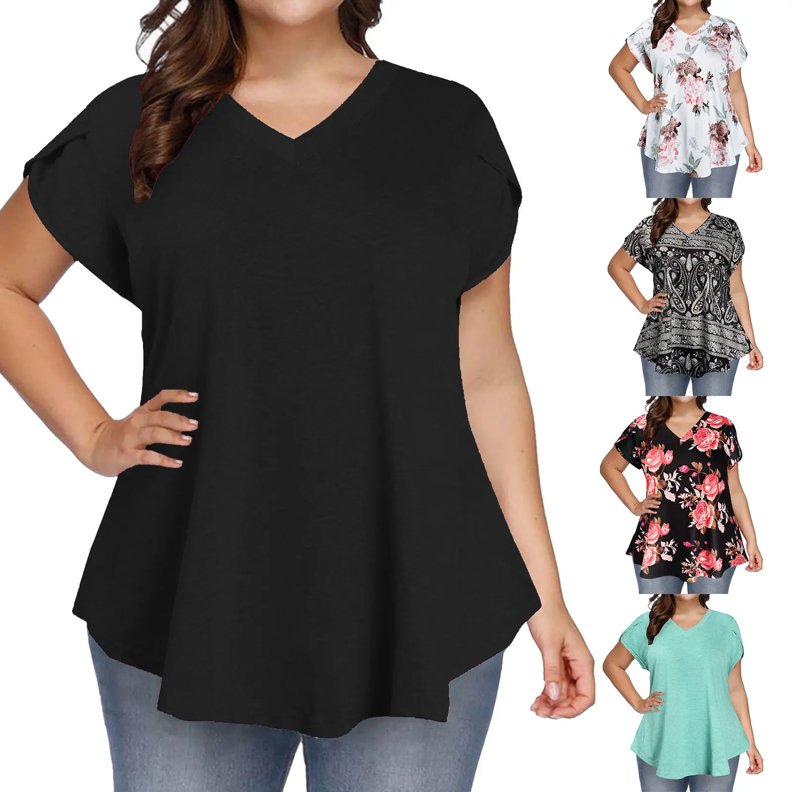 V-neck Relaxed-fit Petal-sleeve Short Sleeves