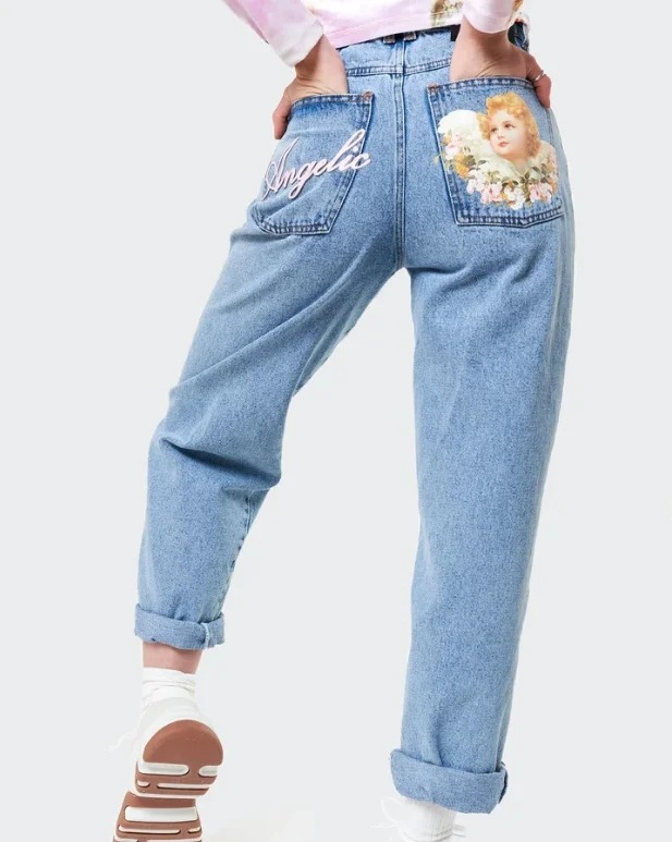 Title 3, Amerikaanse high waist jeans met engelprint, re...