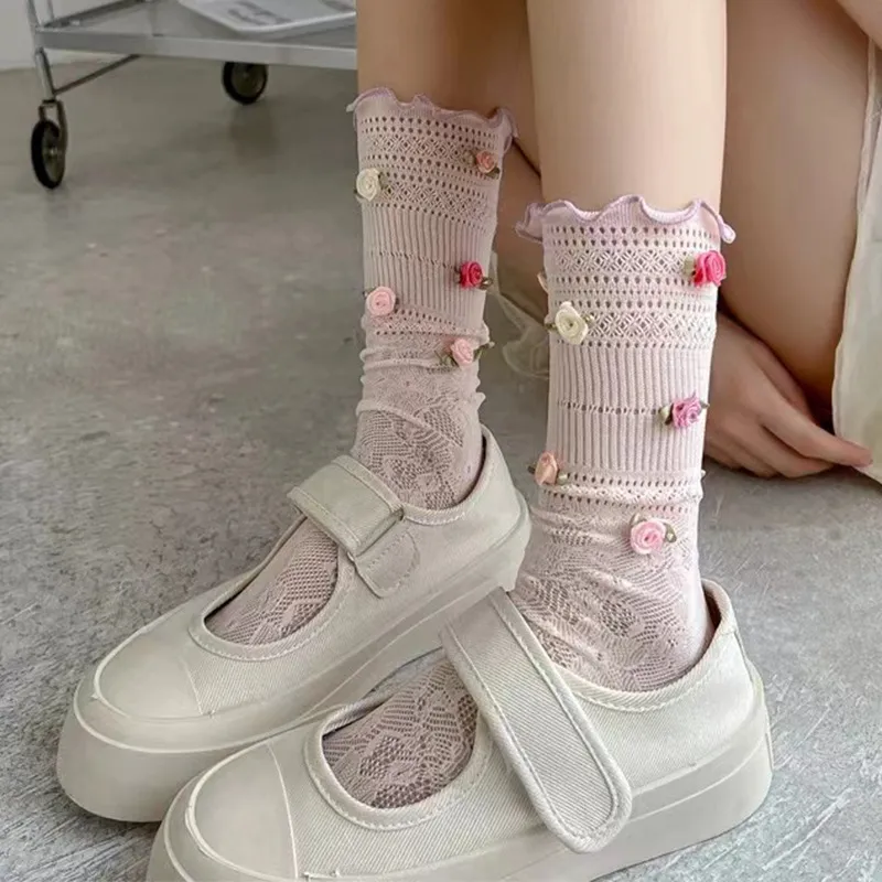 Spring And Summer Thin Rose Lace Tube Socks Women - Lace Rose Light Pink