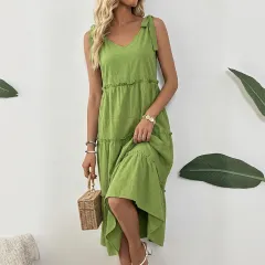 Resort-style Slip Dress With Tie Details In Solid-color Cotton And Linen - Green - View 1