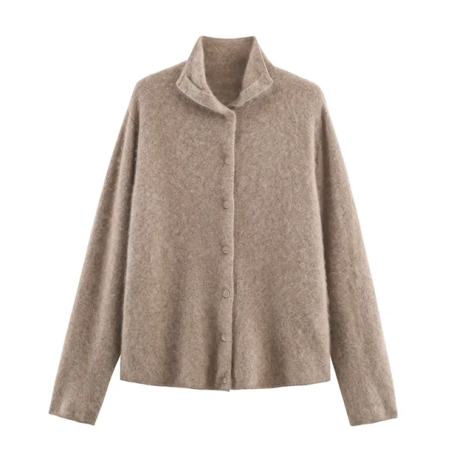 Korean style Loose Casual High neck Sweater Cardigan For Women Khaki - Shop at LoveMi
